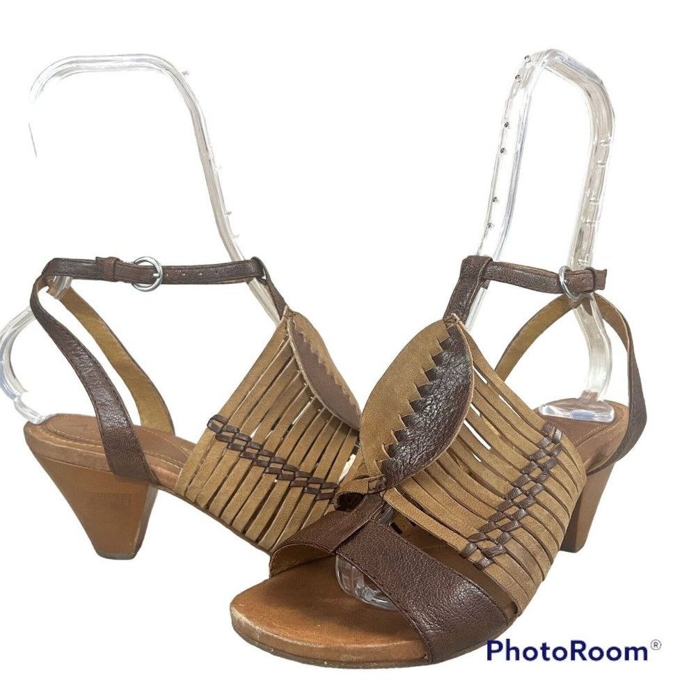 Naya Sandal Shoes Aloha Sz‎ 7 M Brown Leather Block Heel T-Strap Ankle Buckle